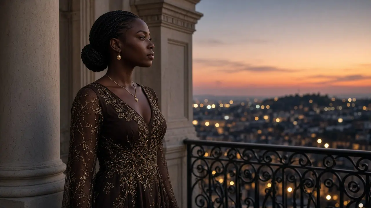 Une femme en robe brodée, sur un balcon à colonnes, regarde la ville s'allumer au crépuscule.