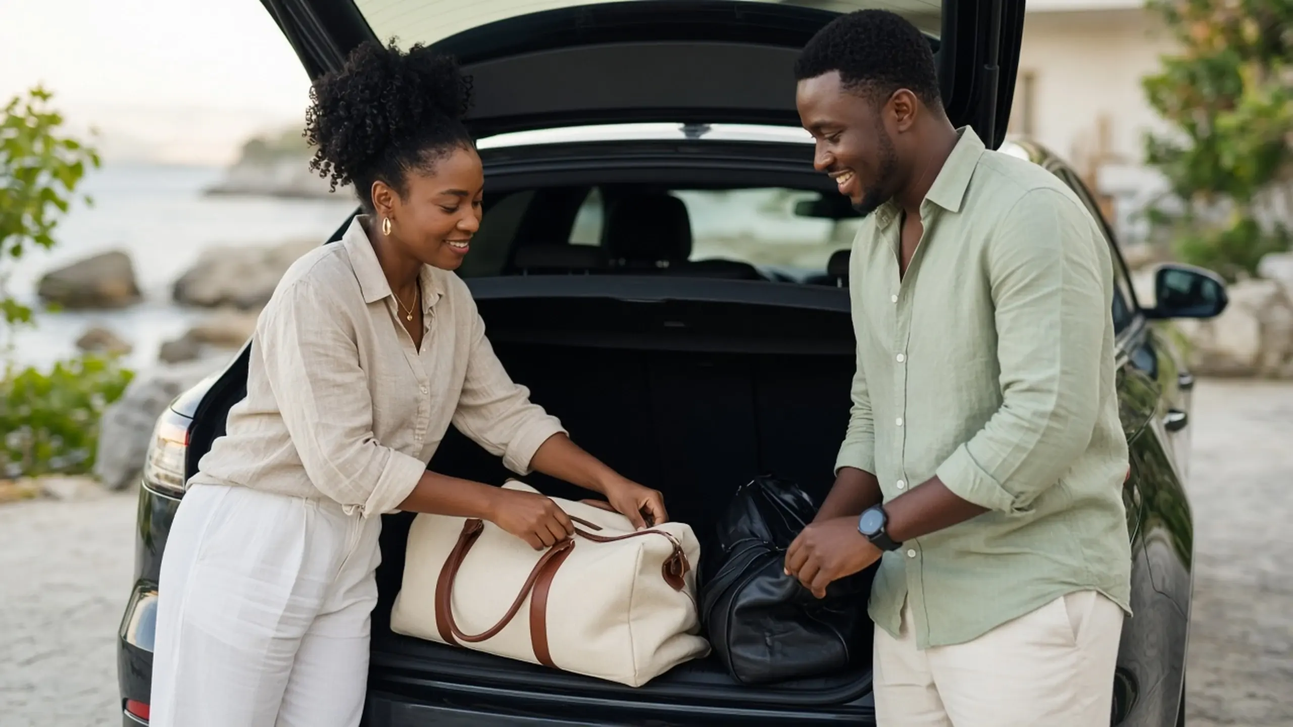 Un couple souriant charge ses sacs de voyage dans le coffre d'une voiture, au bord de la mer.
