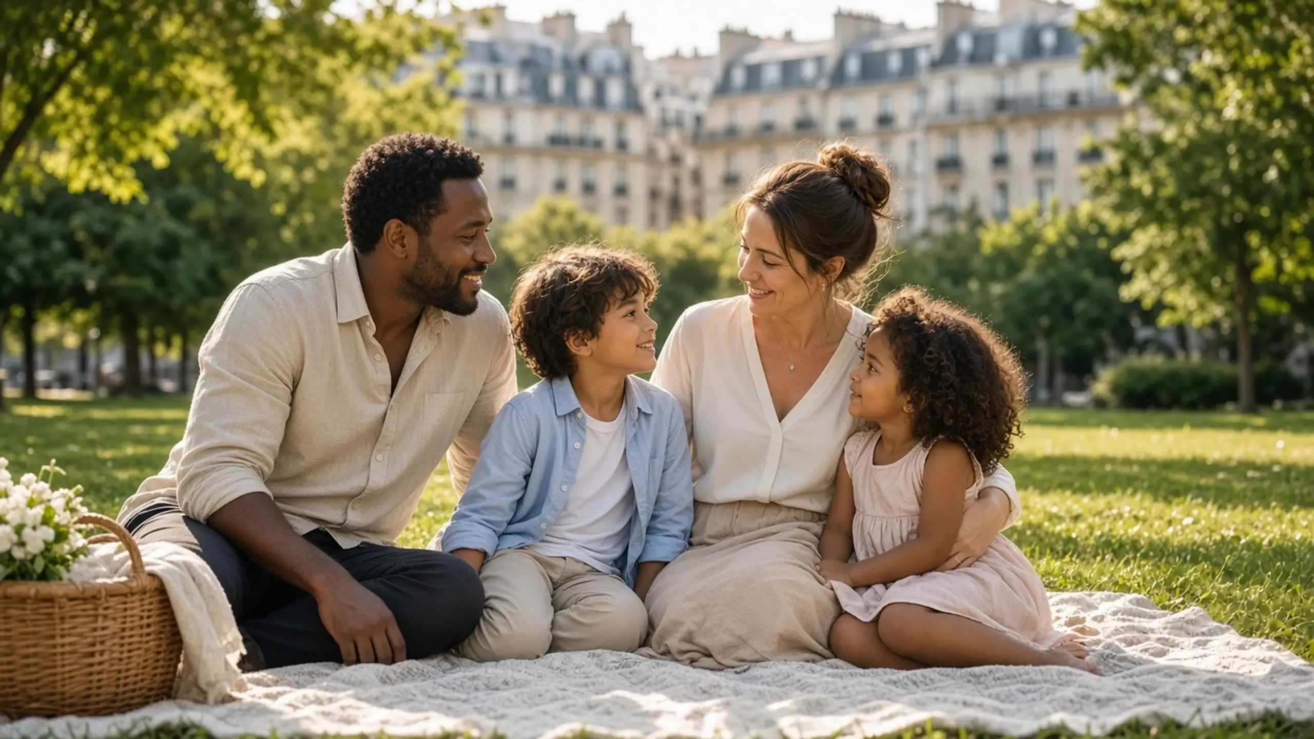 Une famille pique-nique sur une couverture dans un parc parisien bordé d'immeubles haussmanniens.
